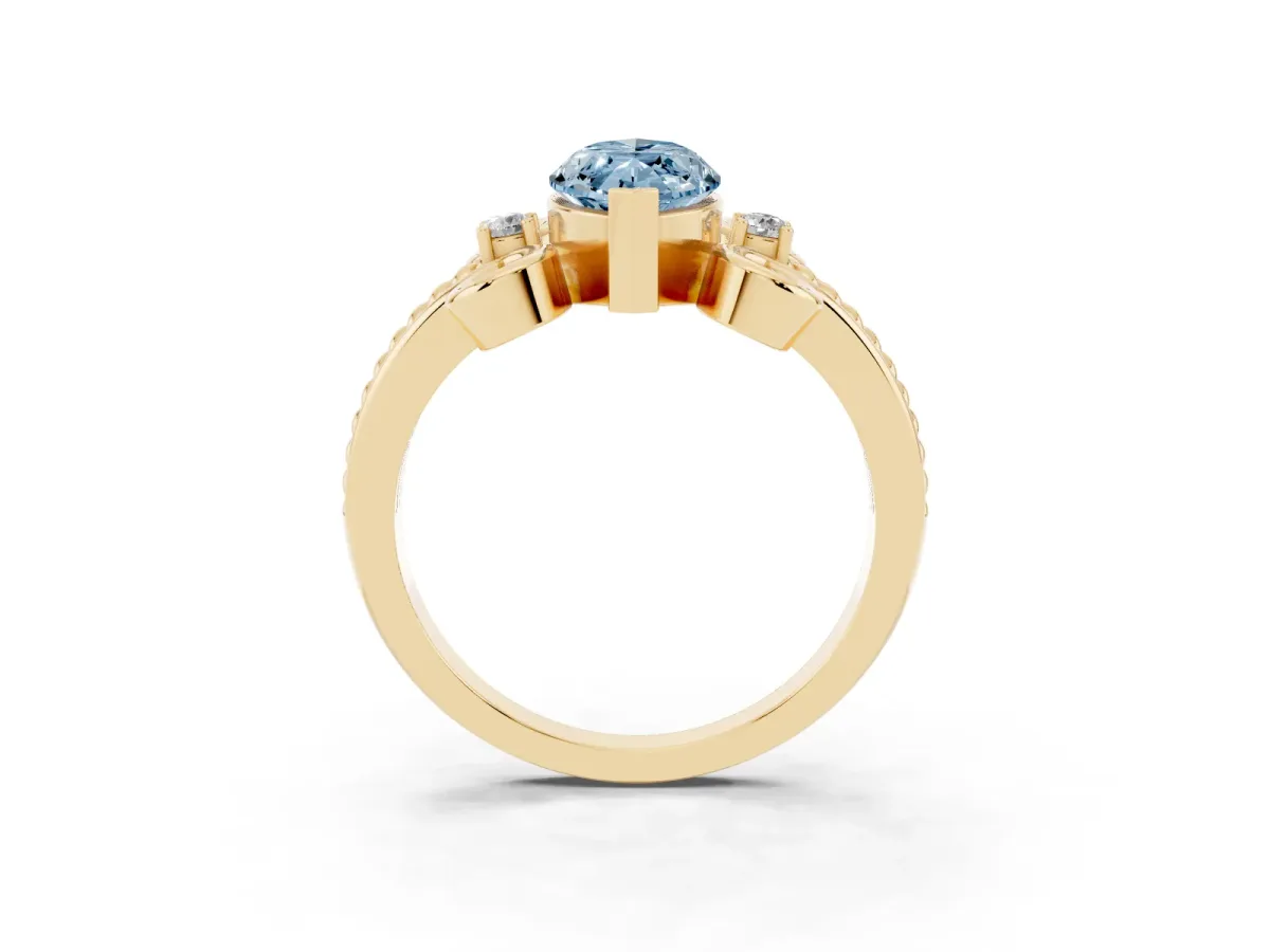 Fancy Blue Marquise Cut Solitaire Twisted Band Scroll Prong Ring Yellow gold