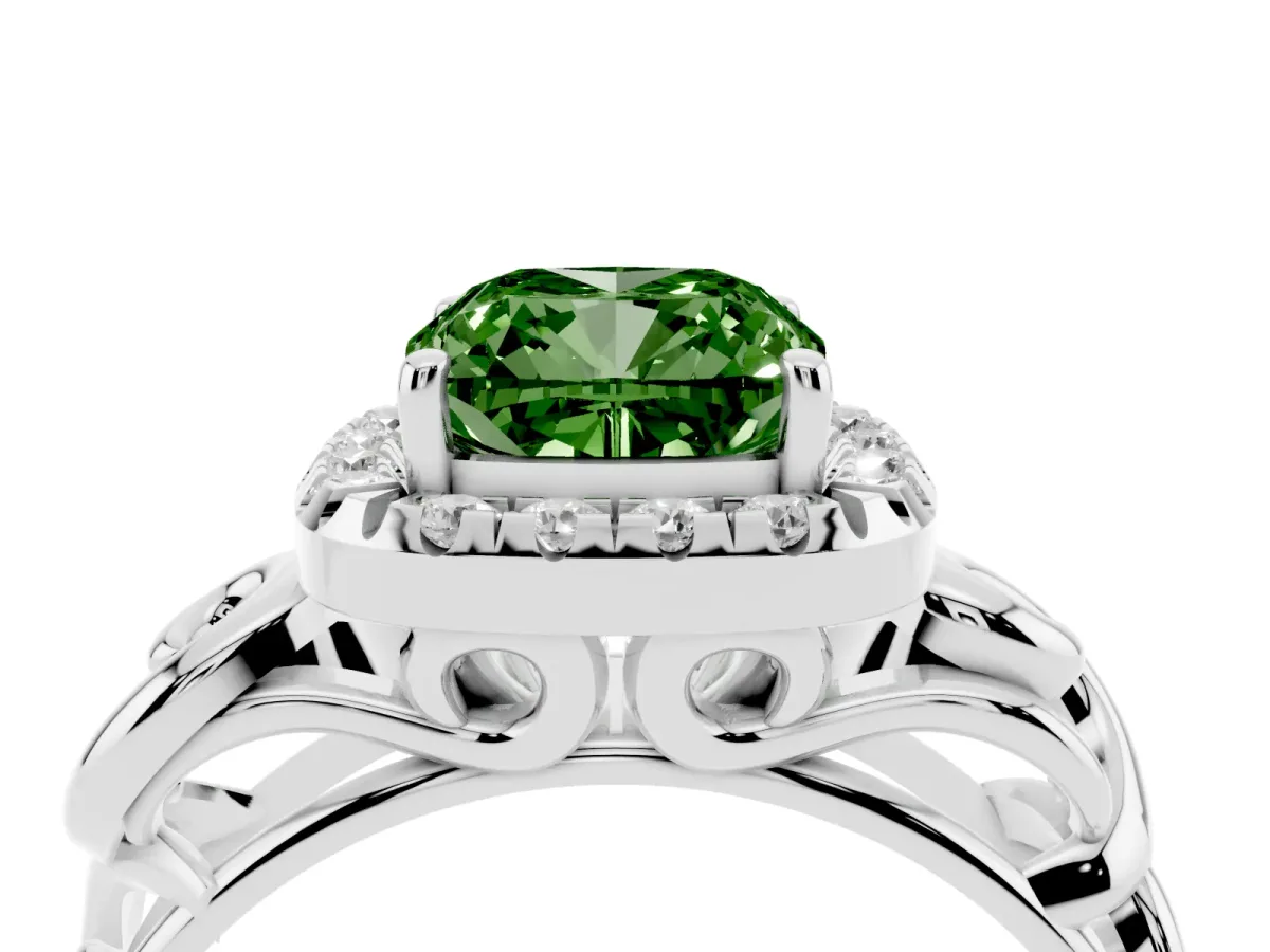 Fancy Green Cushion Cut Cut Halo Diamond Ring with Scrollwork Band and Four-Prong Setting Silver