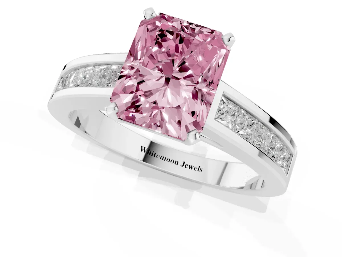 Fancy Pink Radiant Cut Solitaire Diamond Ring with Channel-Set Band and Four-Prong Setting Silver