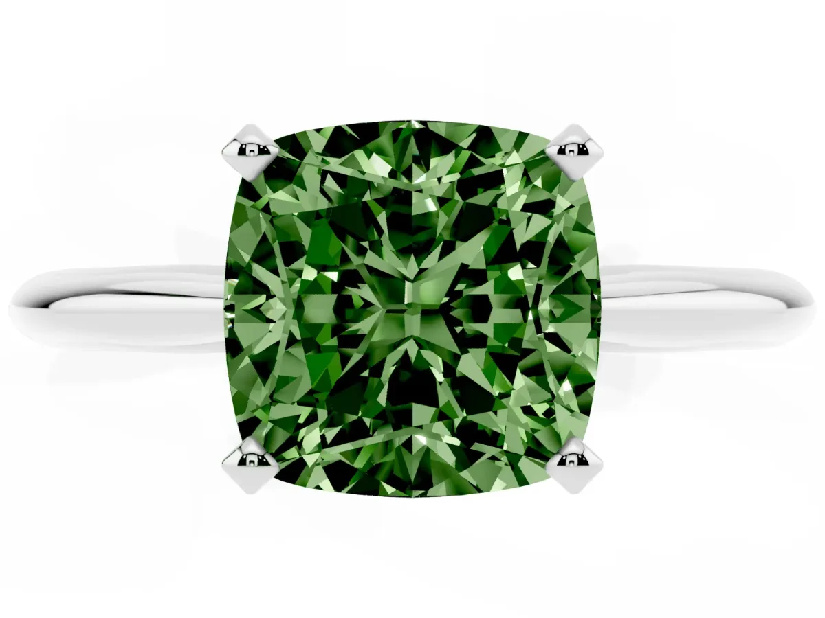 Fancy Green Cushion Cut Cut Solitaire Ring with Four-Prong Setting on a Classic Band Silver