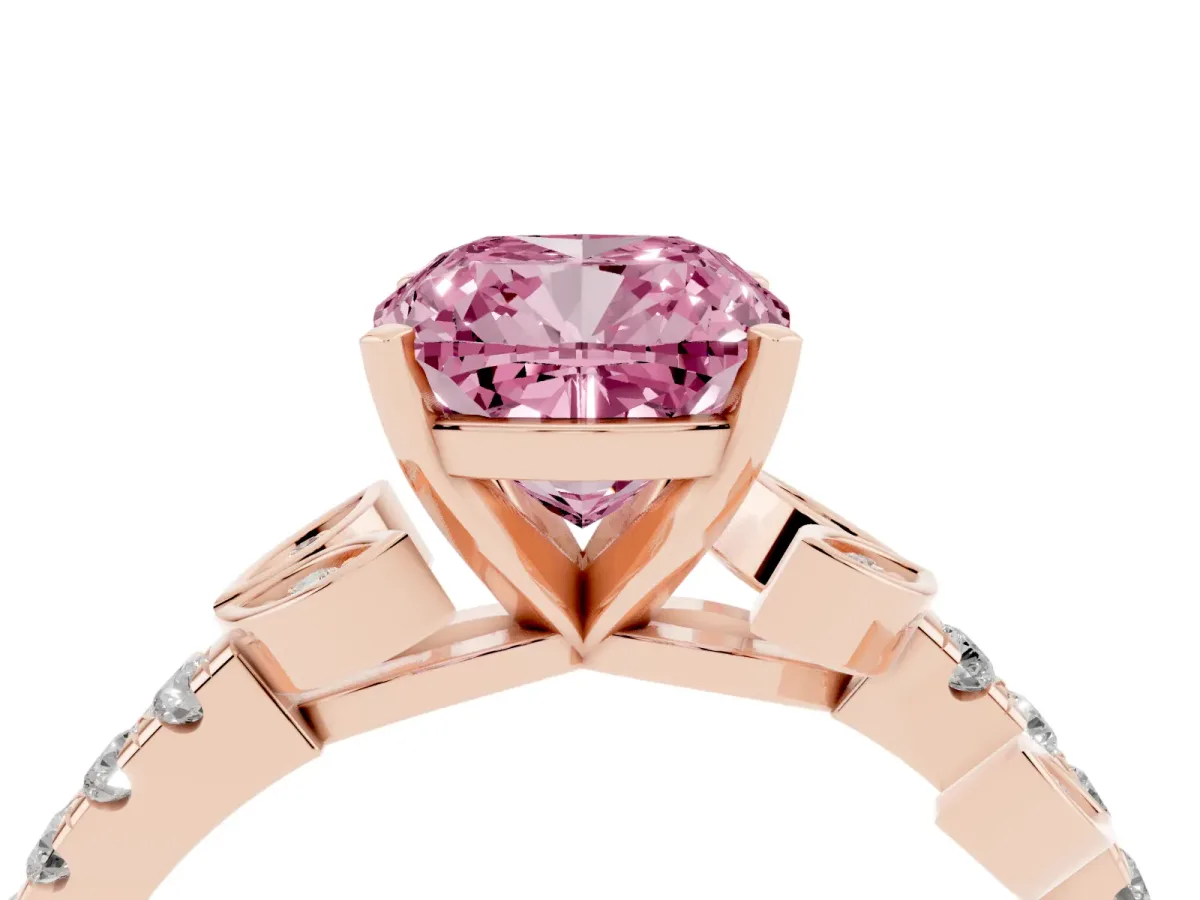 Fancy Pink Cushion Cut Solitaire Leaf-Inspired Diamond Ring with Pavé Band and Four-Prong Setting Rose gold