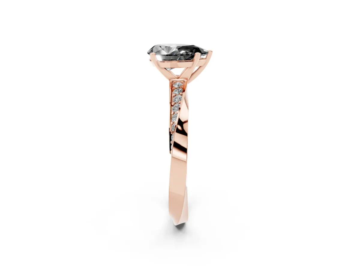 Fancy Black Pear Cut Diamond Engagement Ring with Side Stone Accents and Four-Prong Setting Rose gold