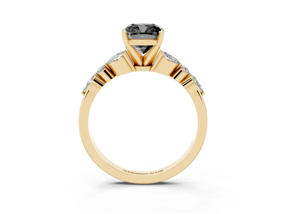 Fancy Black Cushion Cut Diamond Solitaire Ring with Side Stones and Four-Prong Setting Yellow gold