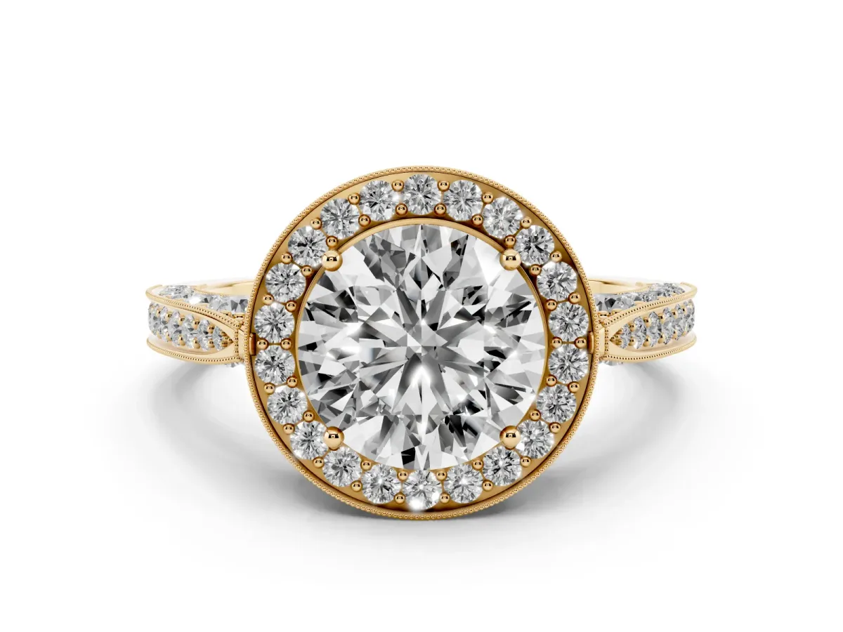 Round Cut Halo Diamond Engagement Ring with Split Shank Band and Four-Prong Setting Yellow gold
