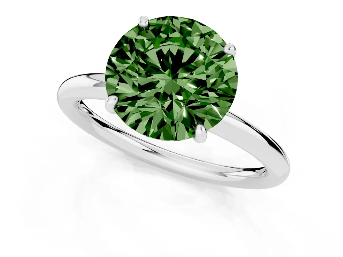 Fancy Green Round Cut Solitaire Diamond Ring with Four-Prong Setting on a Plain Band Platinum