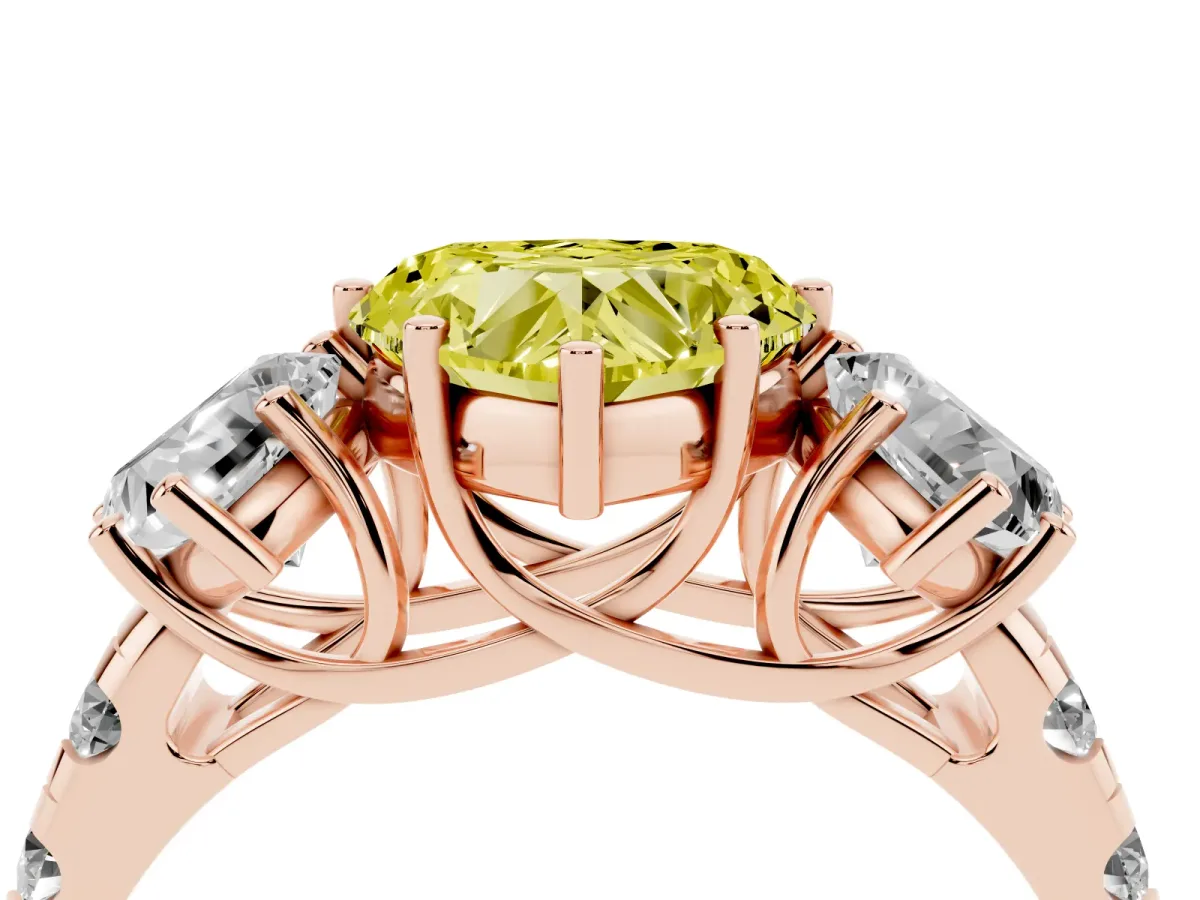 Fancy Yellow Three-Stone Heart Cut Diamond Pavé Band with Prong Setting Rose gold