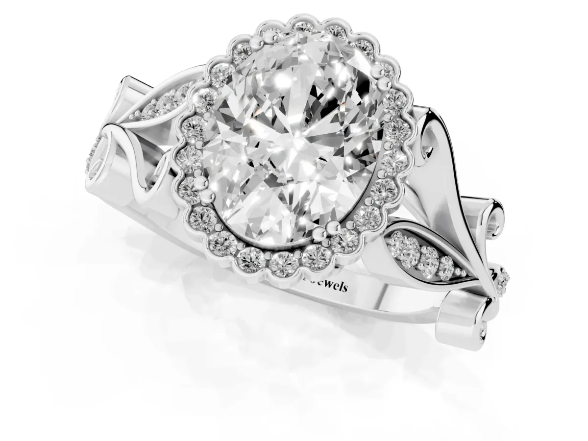 Oval Cut Diamond Halo Ring with Vintage Split Shank and Four-Prong Setting Silver