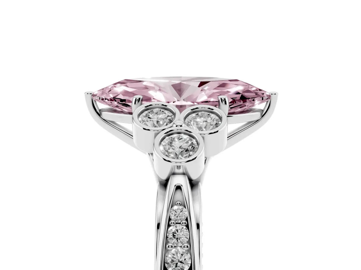 Fancy Pink Marquise Cut Cut Diamond Engagement Ring with Bezel Set Round Side Stones and Prong Setting White gold