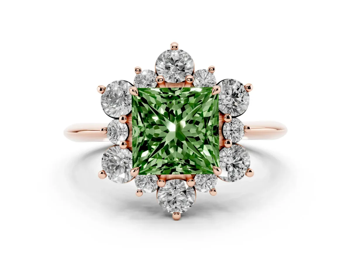 Fancy Green Princess Cut Diamond Cluster Halo Ring with Solitaire Band and Four-Prong Setting Rose gold
