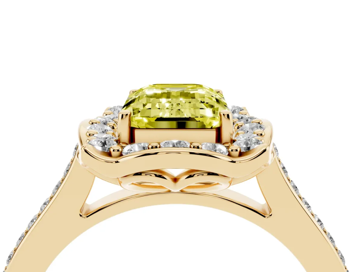 Fancy Yellow Emerald Cut Halo Round Diamond Pave Band with Four-Prong Setting Yellow gold