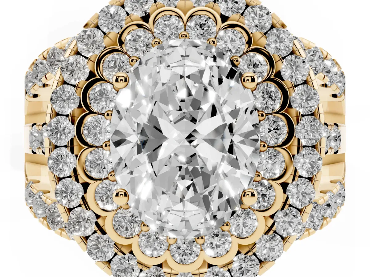 Oval Cut Diamond Double Halo Ring with Round Pavé Split Shank and Prong Setting Yellow gold