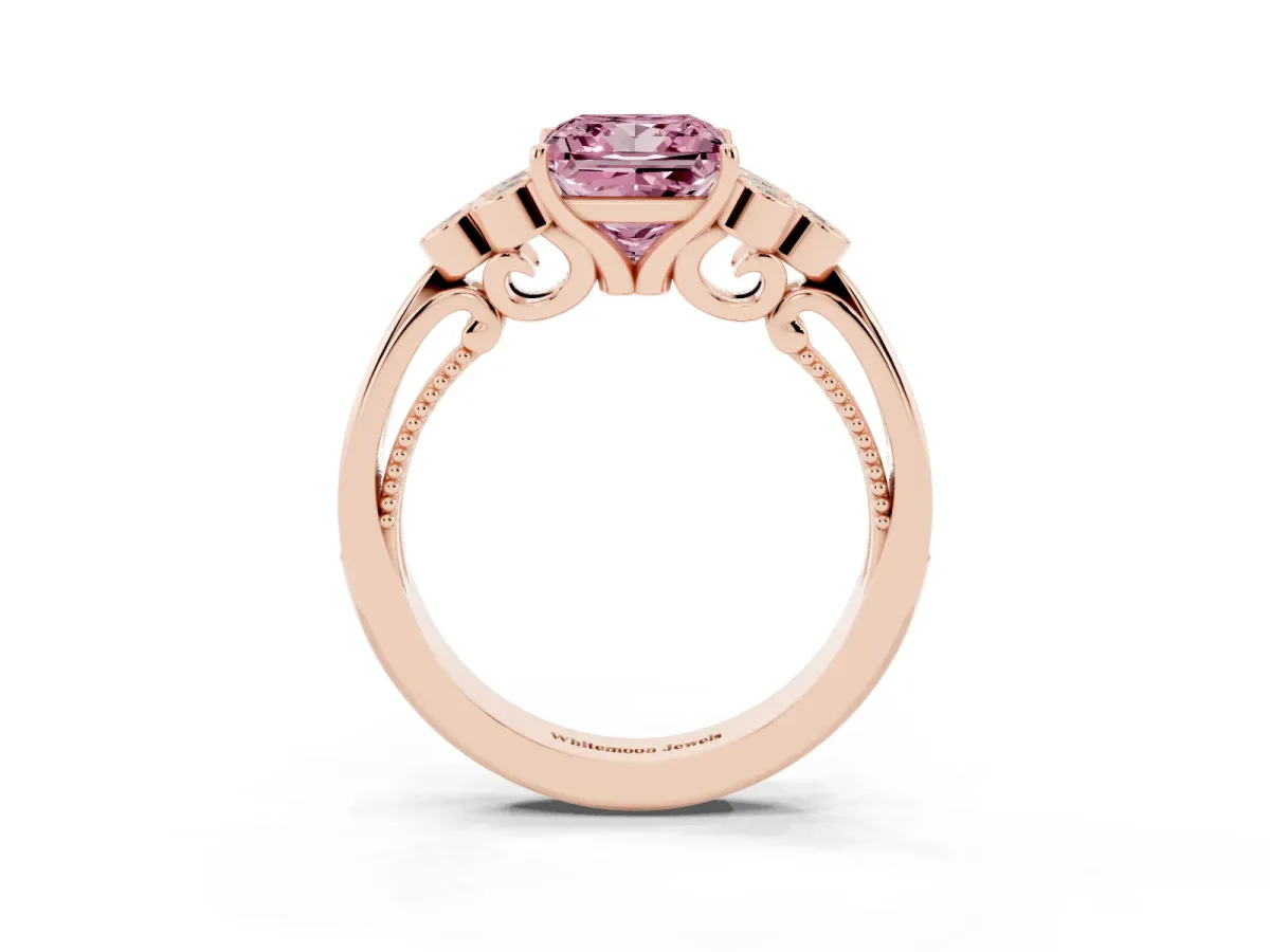 Fancy Pink Princess Cut Cut Diamond Engagement Ring with Bezel Set Round Side Stones and Prong Setting Rose gold