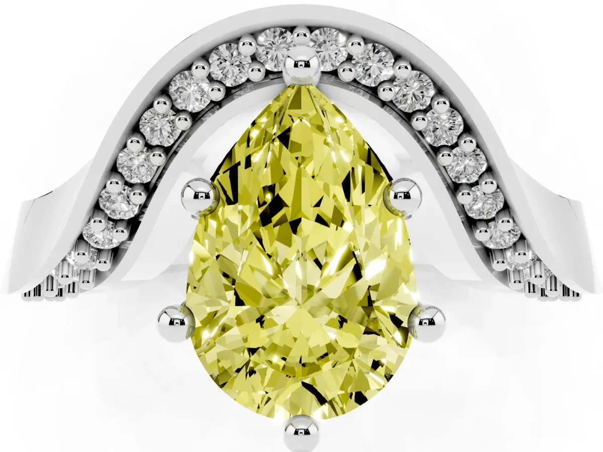Fancy Yellow Pear Cut Solitaire Diamond Engagement Ring with Pave Band and Four-Prong Setting Silver
