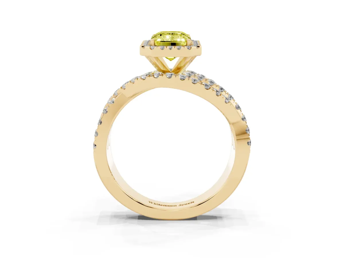 Fancy Yellow Emerald Cut Diamond Halo Ring with Round Split Shank and Prong Setting Yellow gold