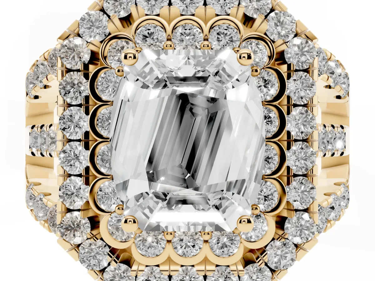 Emerald Cut Diamond Double Halo Ring with Round Pavé Split Shank and Prong Setting Yellow gold