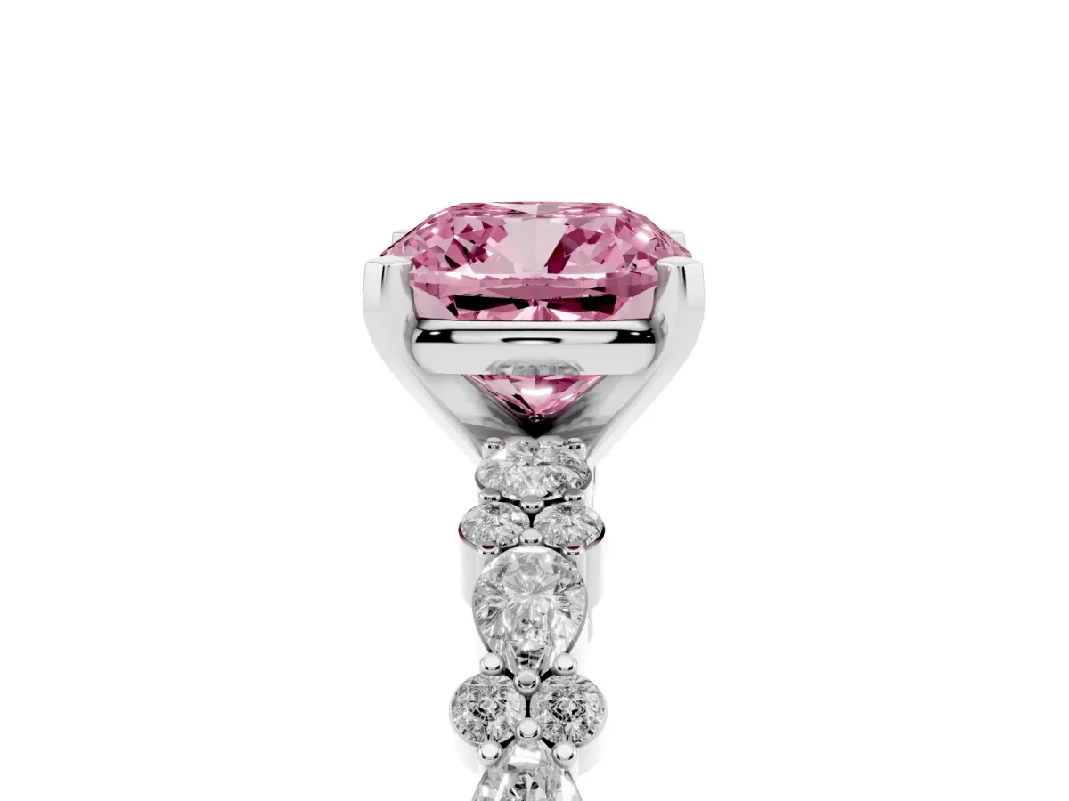 Fancy Pink Cushion Cut Diamond Side Stone Solitaire Ring with Round and Four-Prong Setting Silver