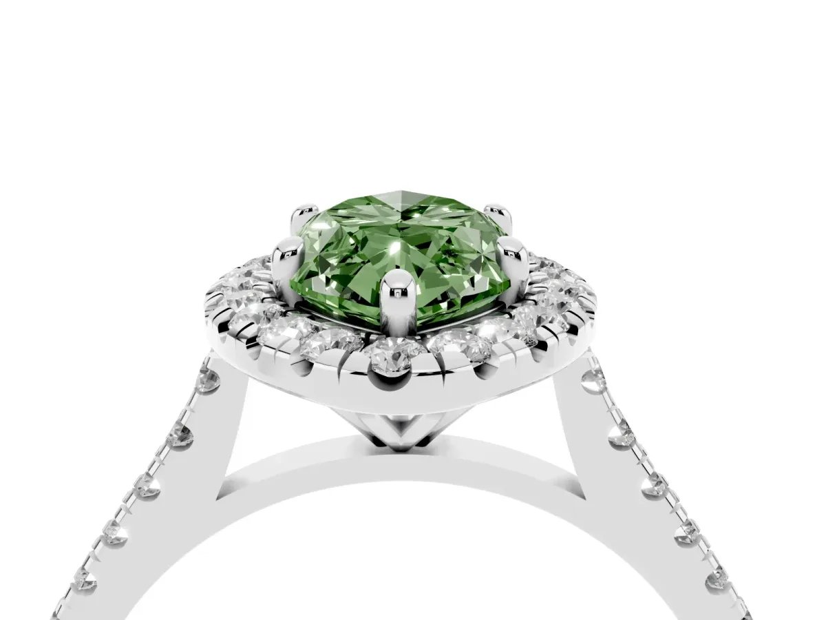 Fancy Green Marquise Cut Diamond Cushion Halo Ring with Pavé Band White gold