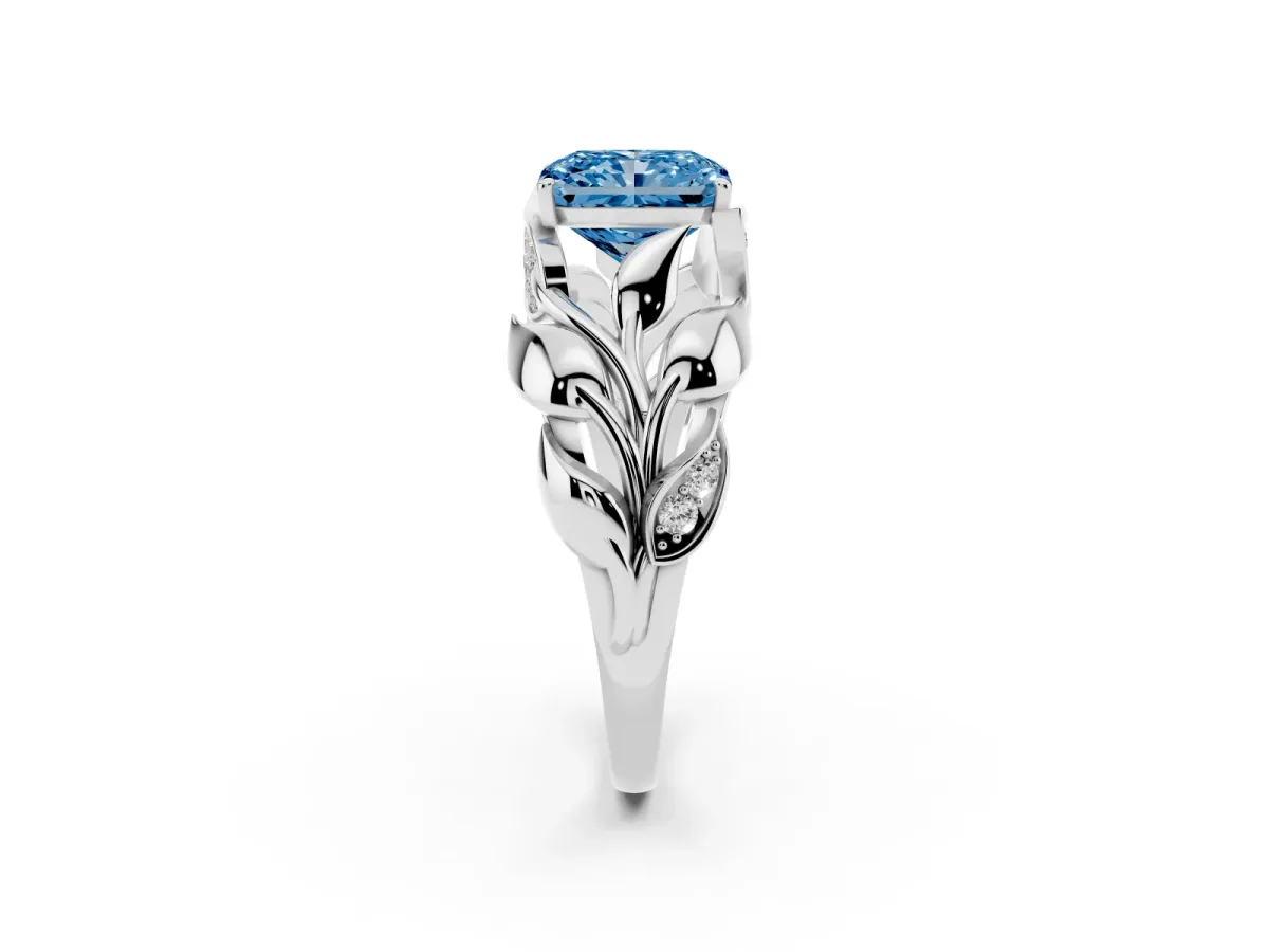 Fancy Blue Radiant Cut Diamond Leaf-Inspired Engagement Ring with Round Accents and Prong Setting White gold