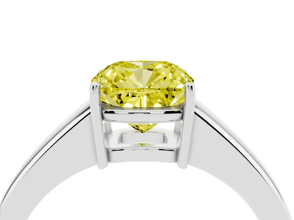 Fancy Yellow Cushion Cut Solitaire Diamond Ring with Tapered Band and Four-Prong Setting Silver