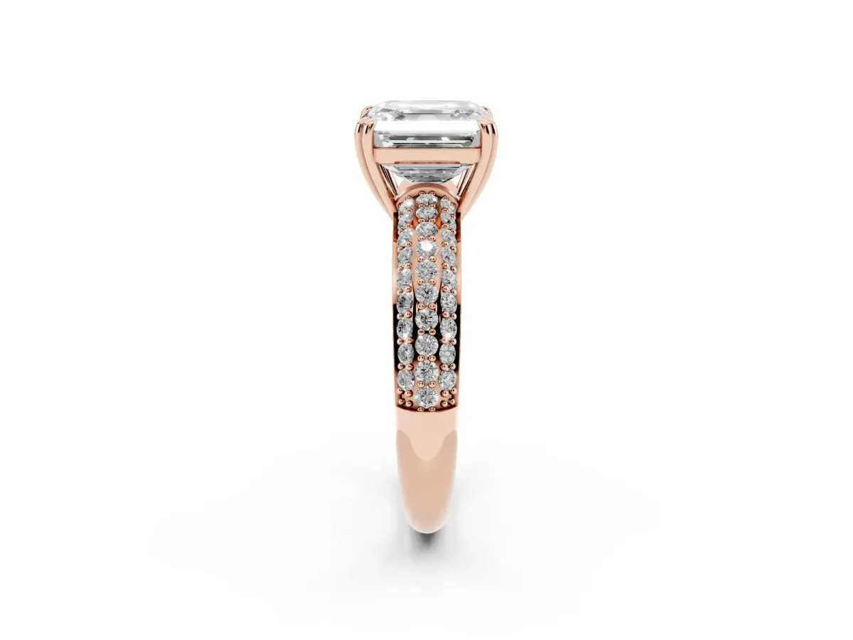 Asscher Cut Diamond Solitaire Ring with Multi-Row Round Pavé Band and Prong Setting Rose gold