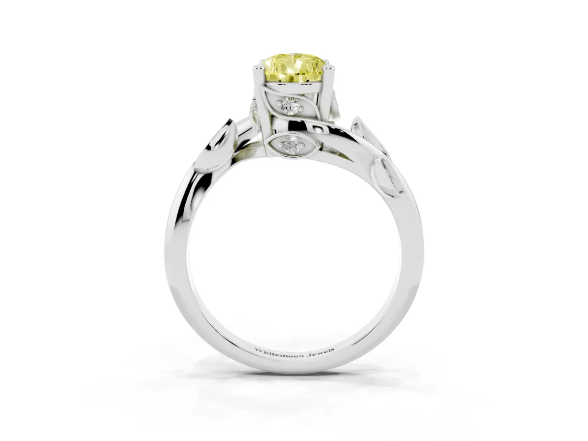Fancy Yellow Pear Cut Solitaire Twist Engagement Ring with Leaf Accents and Prong Setting Silver