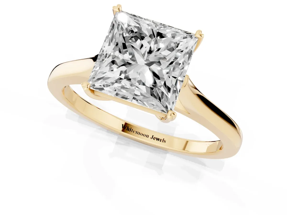 Princess Cut Solitaire Heart Prong Engagement Ring with Tapered Band Yellow gold