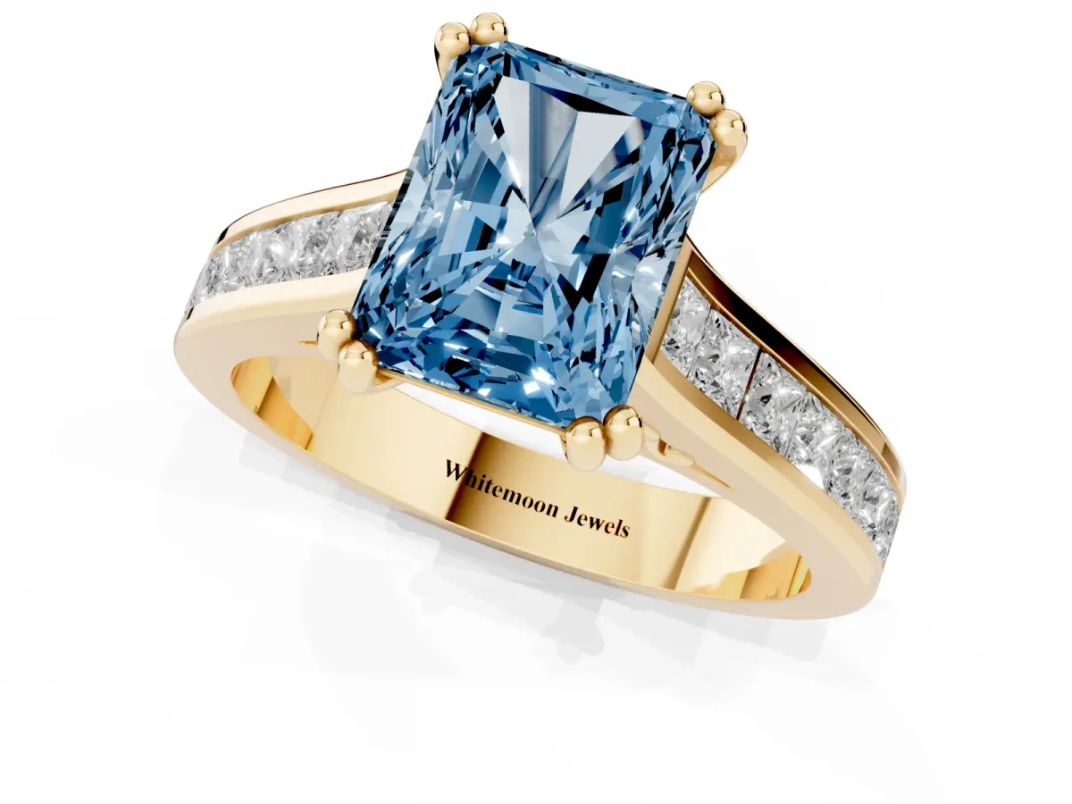 Fancy Blue Radiant Cut Cut Channel Set Solitaire Engagement Ring with Prong Setting Yellow gold