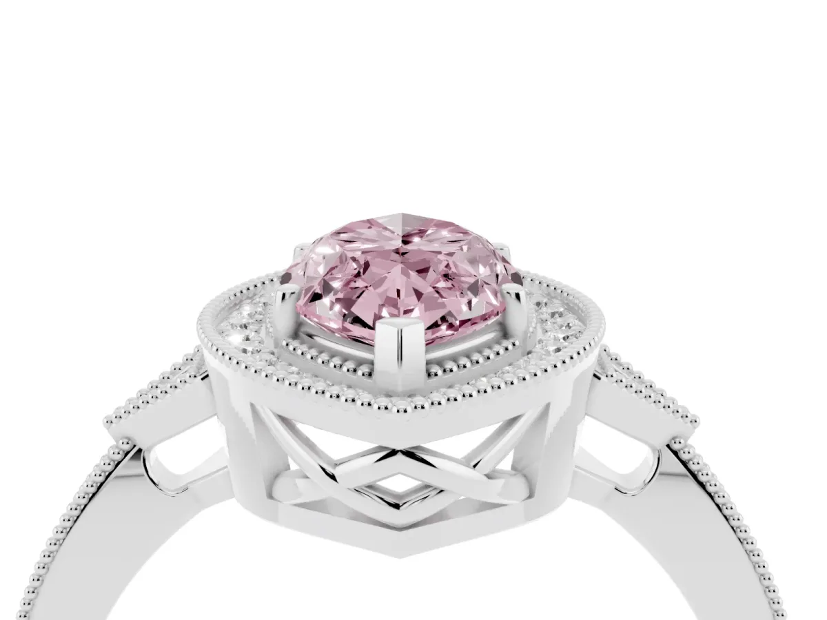 Fancy Pink Marquise Cut Halo Round Diamond Milgrain Pave Engagement Ring White gold