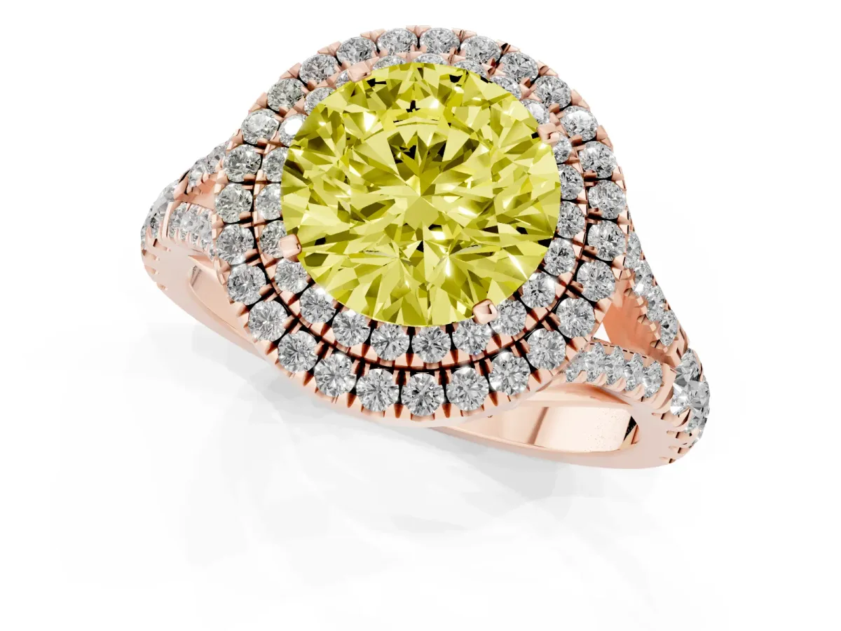 Fancy Yellow Double Halo Round Cut Diamond Split Shank Engagement Ring with Four-Prong Setting Rose gold