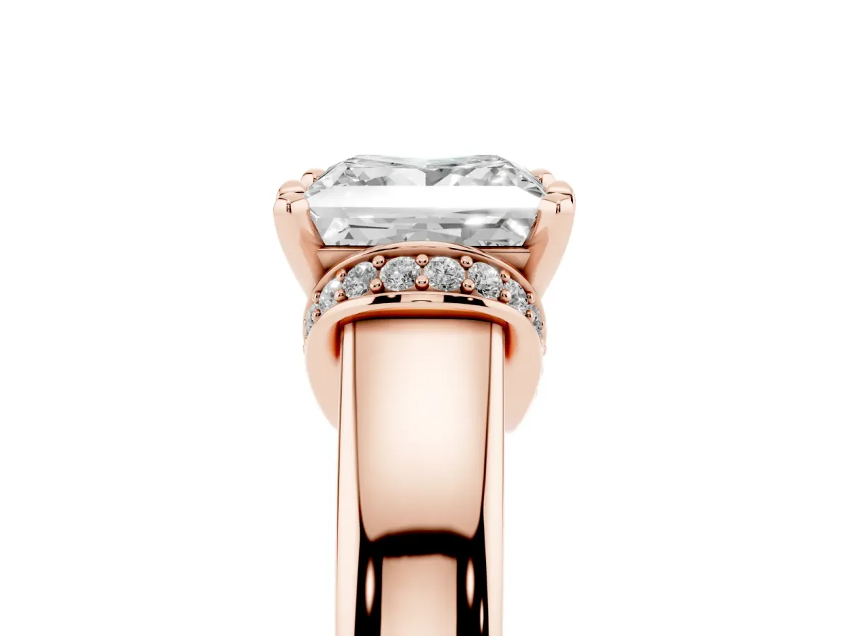 Princess Cut Solitaire Diamond Ring with Pave Band and Six-Prong Setting Rose gold