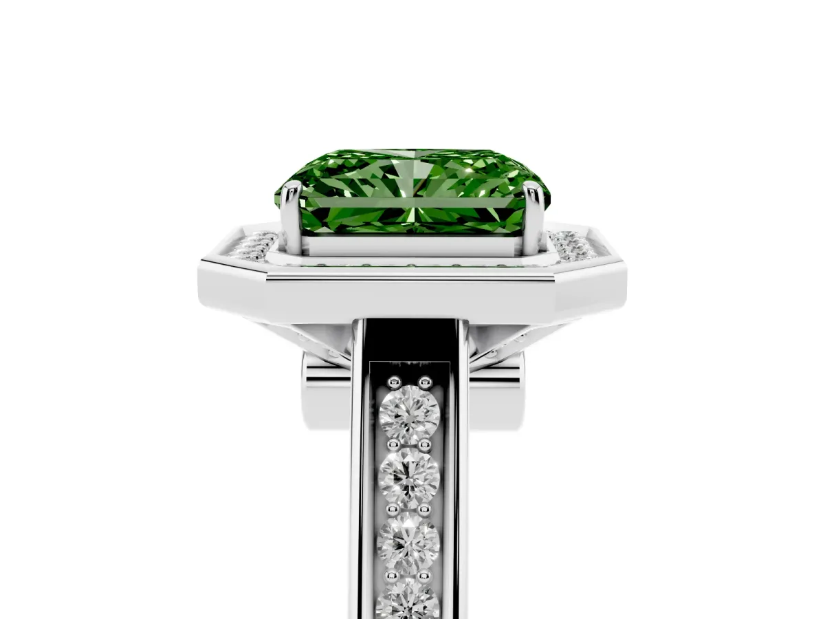 Fancy Green Emerald Cut Halo Solitaire Diamond Ring with Pave Band and Bezel Setting Silver