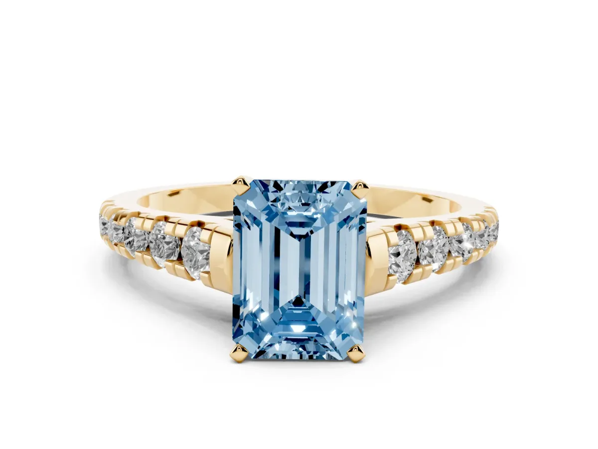 Fancy Blue Emerald Cut Diamond Cathedral Solitaire Ring with Round Pavé Band Yellow gold