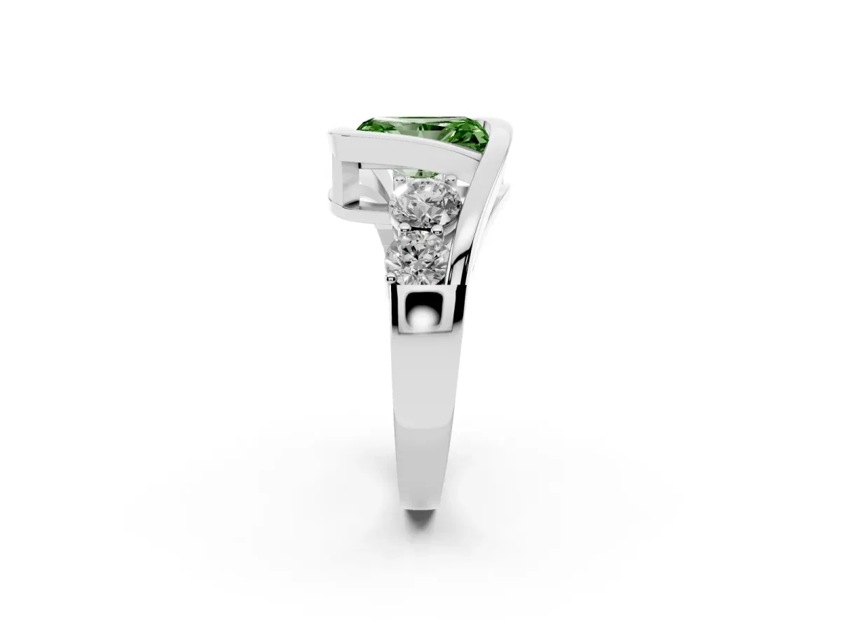 Fancy Green Bezel Set Radiant Cut Diamond Bypass Ring with Round Accents Silver