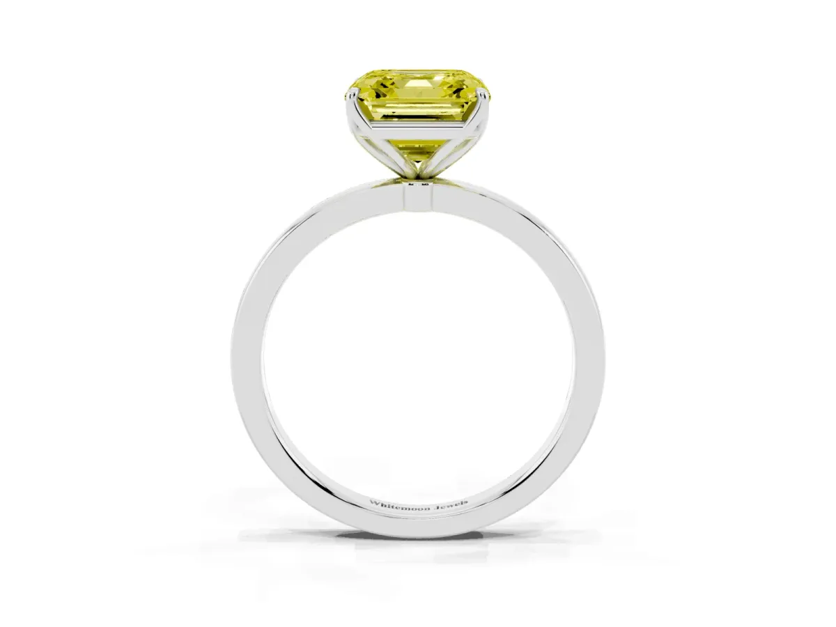 Fancy Yellow Asscher Cut Diamond Solitaire Ring with Thin Band and Prong Setting Silver