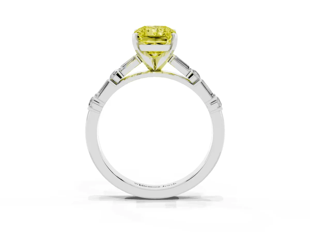 Fancy Yellow Radiant Cut Diamond Solitaire with Side Baguettes and Channel Set Band Platinum