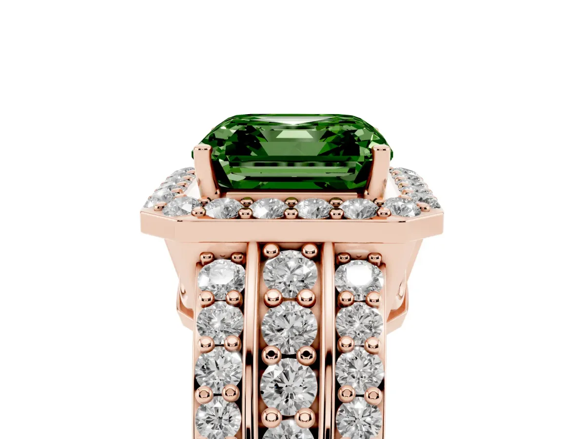 Fancy Green Asscher Cut Halo Diamond Ring with Round Split Shank and Prong Setting Rose gold