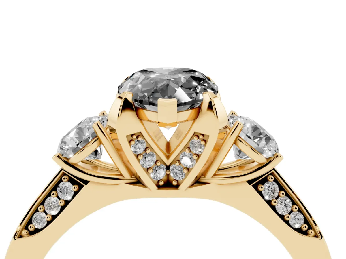 Fancy Black Pear Cut Brilliant Three-Stone Diamond Ring with Pavé Band and Four-Prong Setting Yellow gold