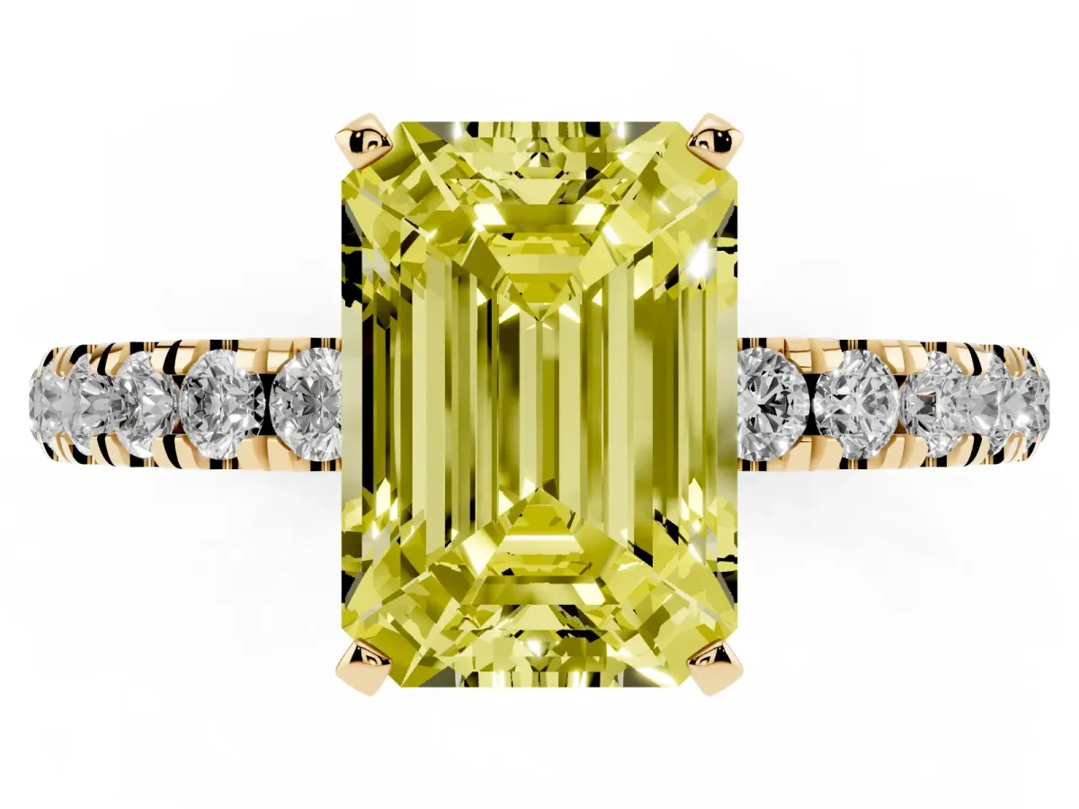 Fancy Yellow Emerald Cut Diamond Solitaire Ring with Pavé Accents and Four-Prong Setting Yellow gold