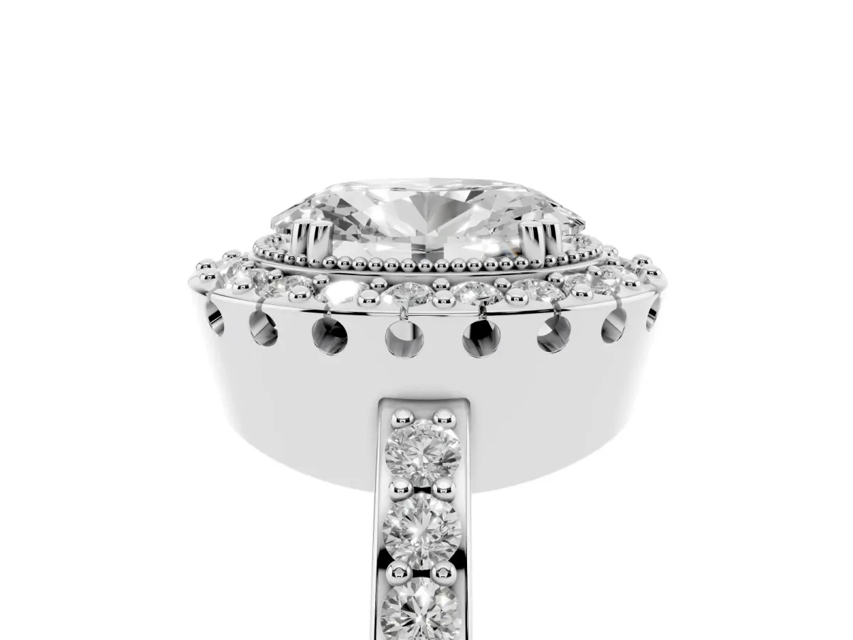 Oval Cut Diamond Halo Ring with Pavé Band and Prong Setting Silver