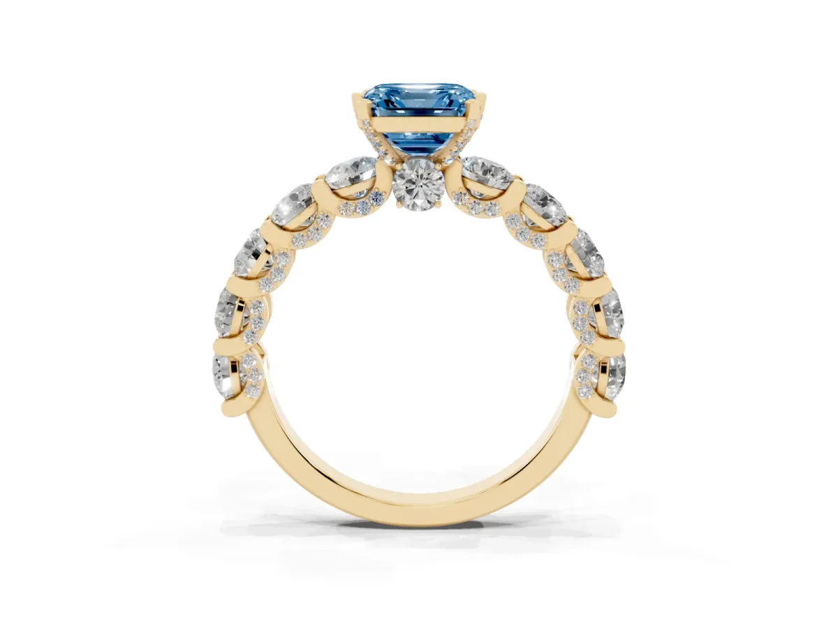 Fancy Blue Asscher Cut Diamond Side Stone Engagement Ring with Four-Prong Setting Yellow gold