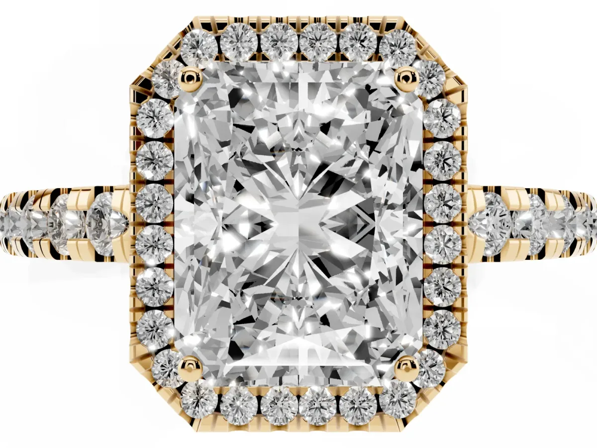 Radiant Cut Diamond Halo Ring with Pavé Band and Four-Prong Setting Yellow gold