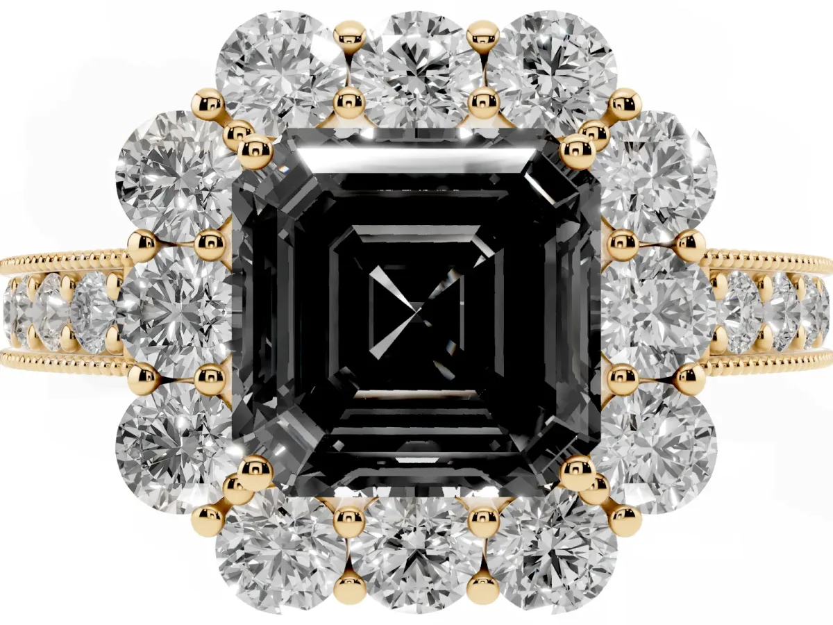 Fancy Black Asscher Cut Cut Halo Diamond Pavé Engagement Ring with Milgrain Detailing Yellow gold