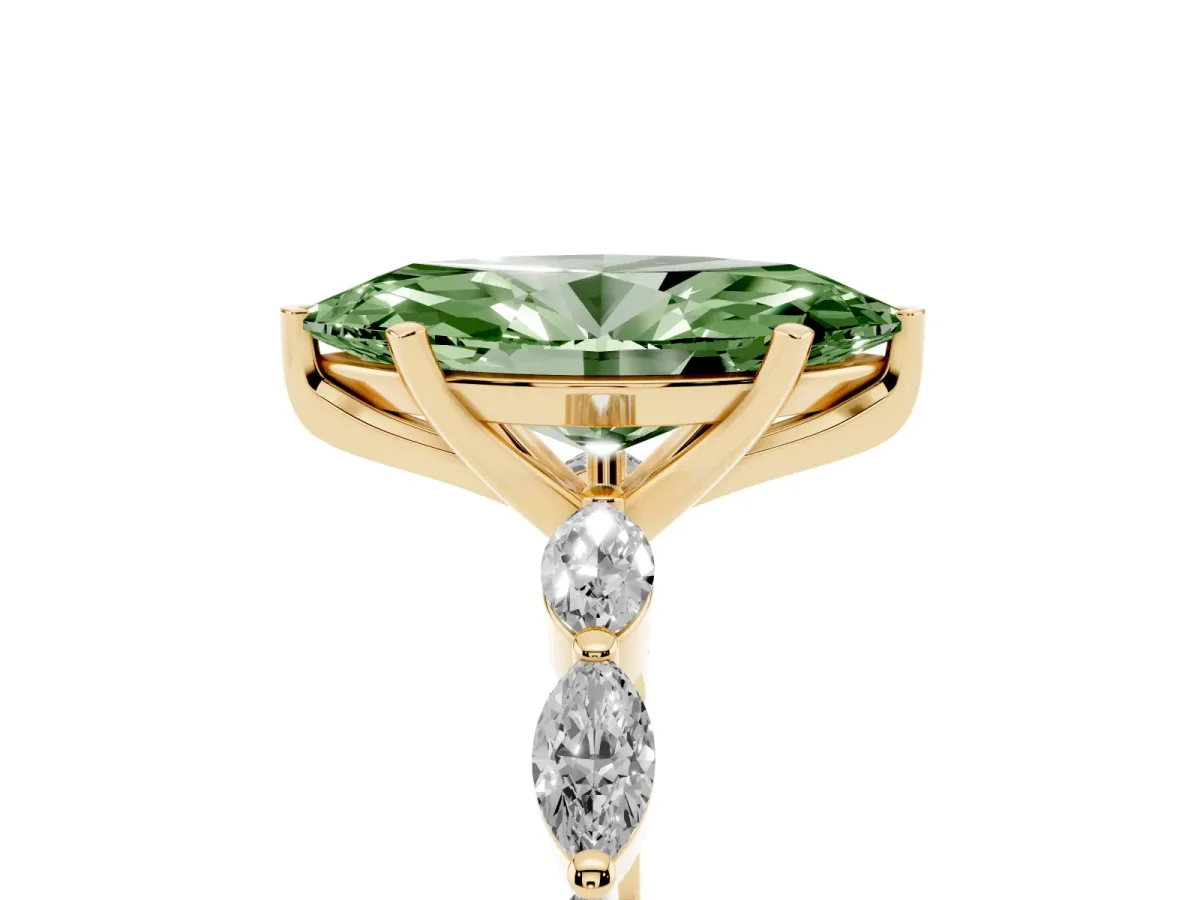 Fancy Green Marquise Cut Diamond Ring with Marquise Side Stones and Prong Setting Yellow gold