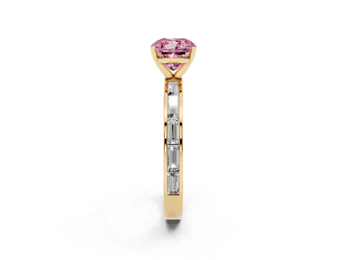 Fancy Pink Cushion Cut Solitaire Diamond Ring with Channel-Set Baguette Band and Four-Prong Setting Yellow gold