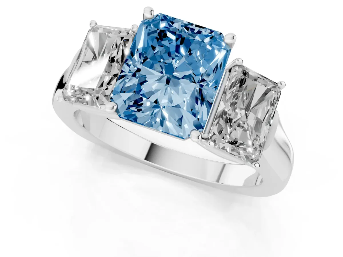 Fancy Blue Three-Stone Radiant Cut Brilliant Diamond Trellis Ring with Comfort Fit Band Platinum