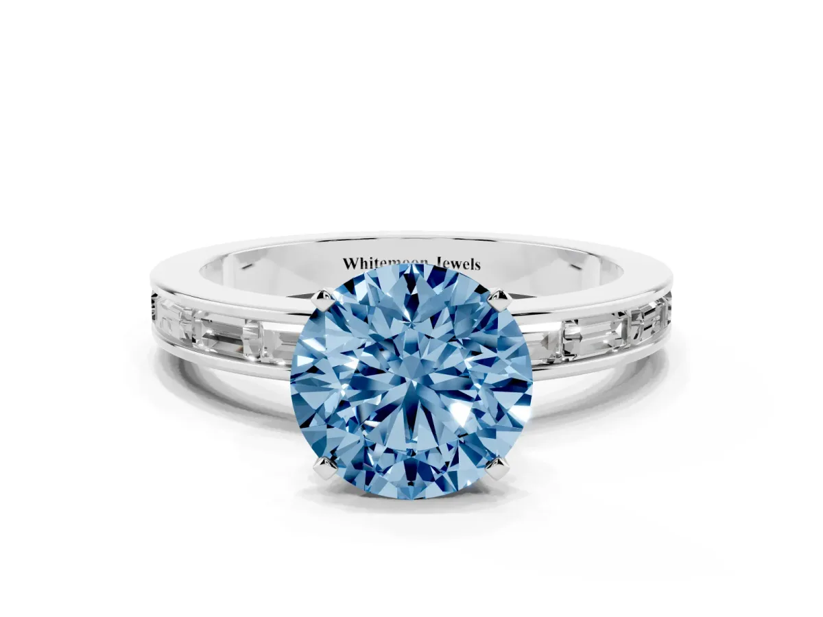 Fancy Blue Round Cut Solitaire Diamond Ring with Channel-Set Baguette Band and Four-Prong Setting White gold