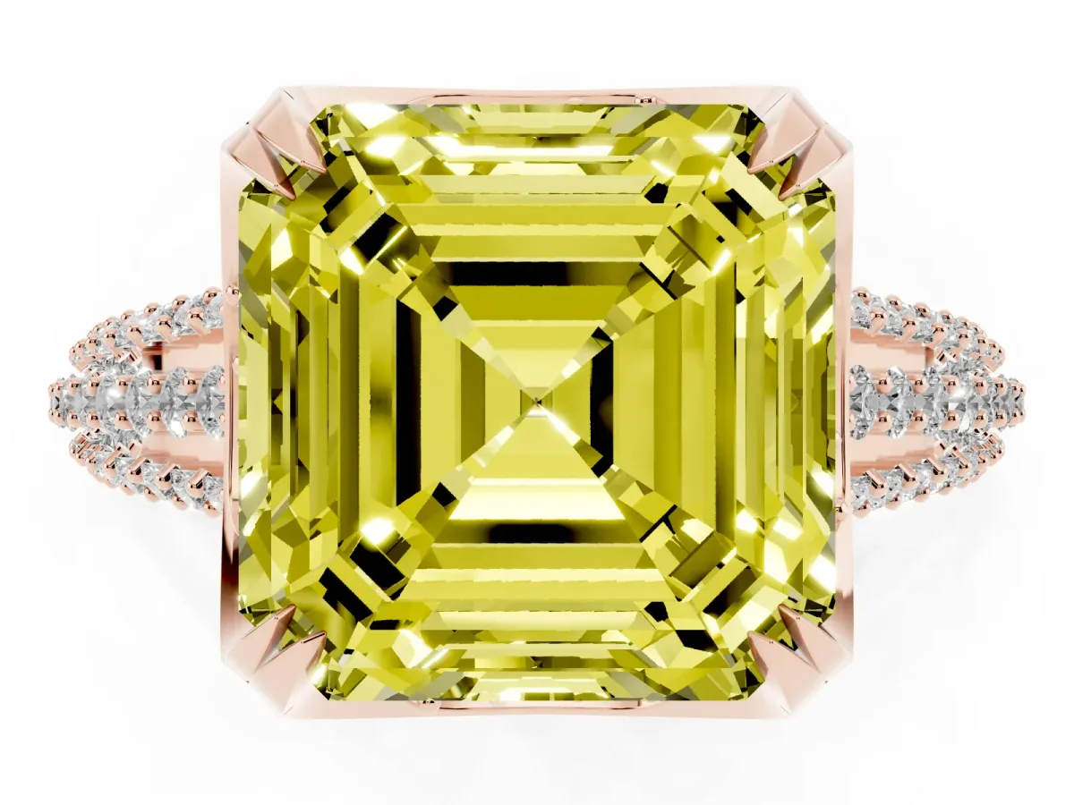 Fancy Yellow Asscher Cut Solitaire Pave Split Shank Ring with Four-Prong Setting Rose gold