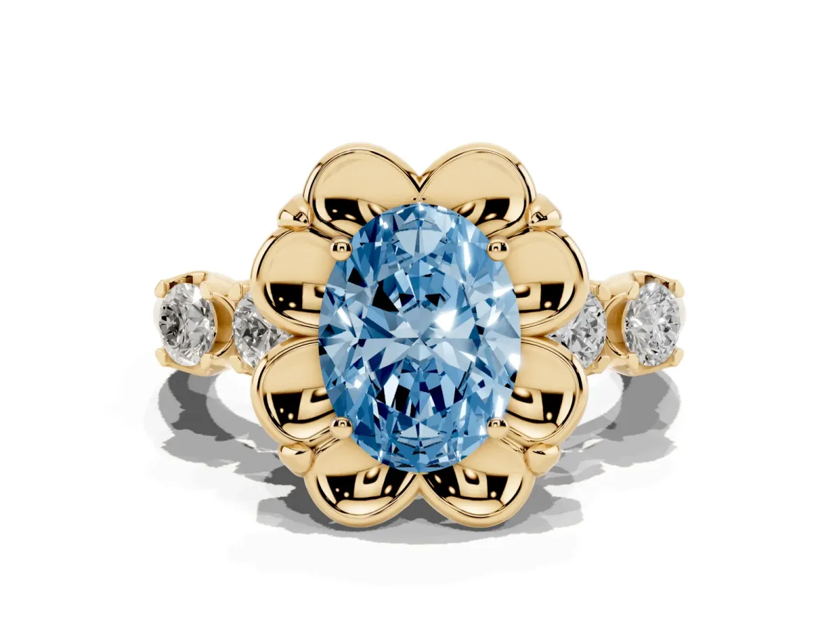Fancy Blue Oval Cut Cut Diamond Floral Halo Engagement Ring with Shared Prong Setting Yellow gold