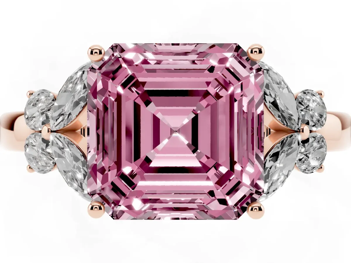 Fancy Pink Asscher Cut Cut Solitaire Floral Diamond Ring with Four-Prong Setting Rose gold