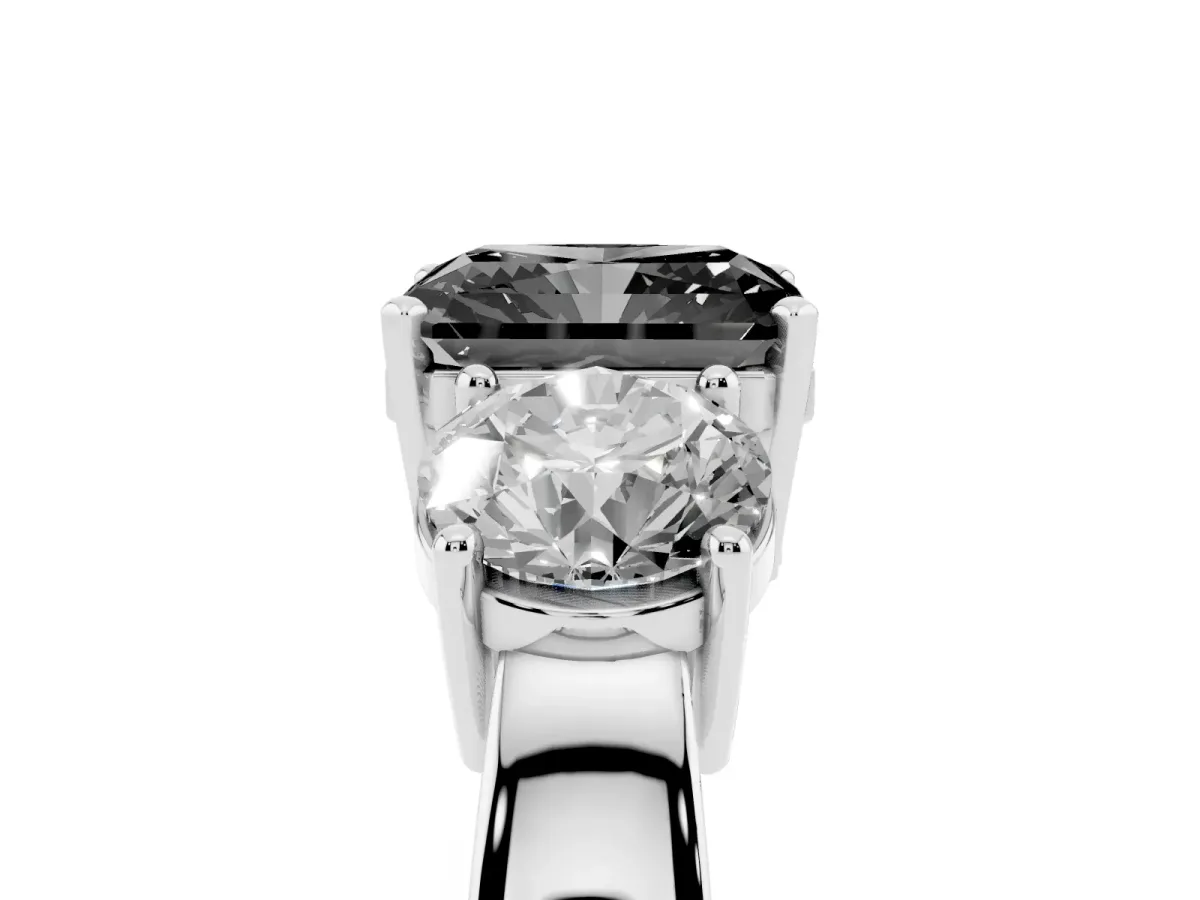 Fancy Black Three-Stone Radiant Cut Diamond Ring with Round Side Stones, Classic Band, and Four-Prong Setting Platinum